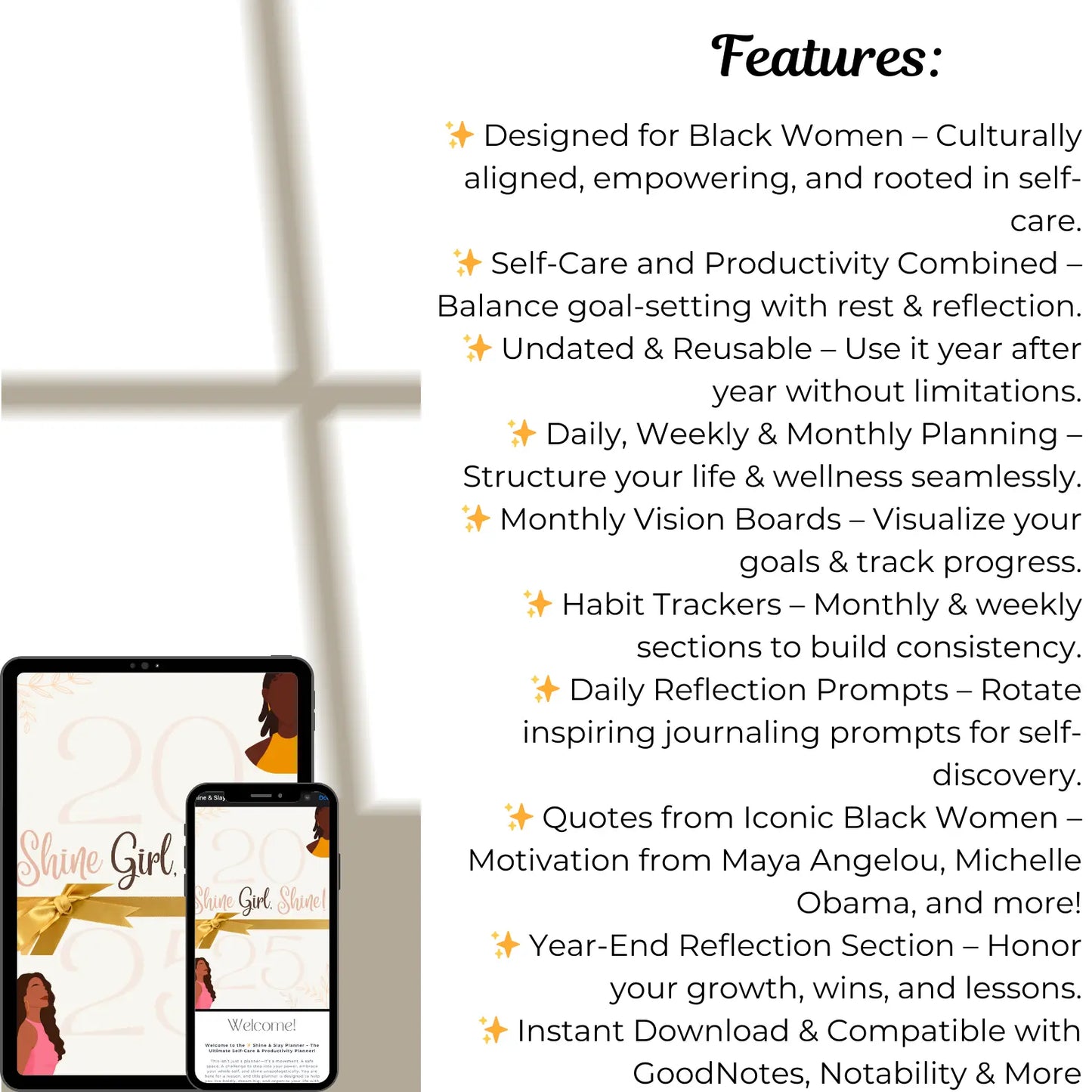 ✨ Shine & Slay Digital Planner | Self-Care & Productivity Planner for Black Women | GoodNotes & Printable PDF Shine Girl, Shine